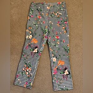 Women’s Floral Gingham Pull-On Pants - Black & White with Orange & Pink Flowers